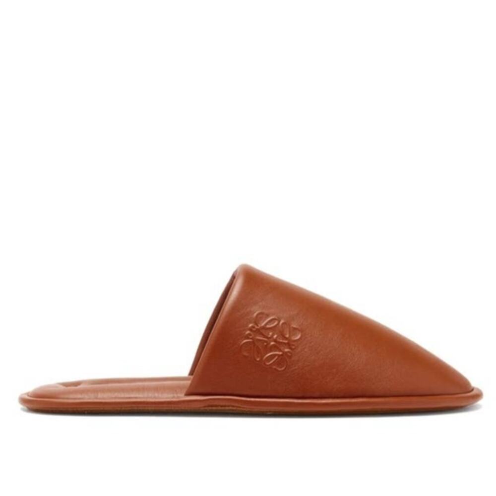 Loewe Logo Embossed Brown Leather Round Toe‎ Slip On Slippers Size 41